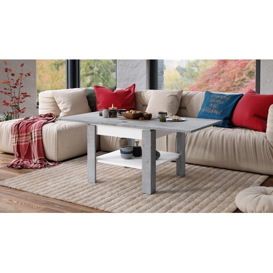 Uitschuifbare salontafel/eettafel met opbergrek LIA grijs beton/wit