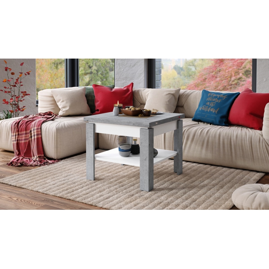Uitschuifbare salontafel/eettafel met opbergrek LIA grijs beton/wit
