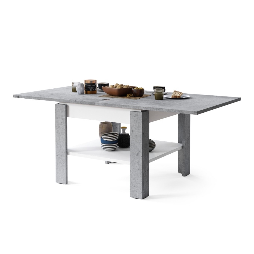 Uitschuifbare salontafel/eettafel met opbergrek LIA grijs beton/wit
