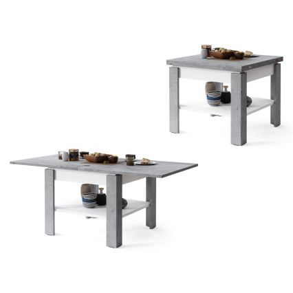 Uitschuifbare salontafel/eettafel met opbergrek LIA grijs beton/wit