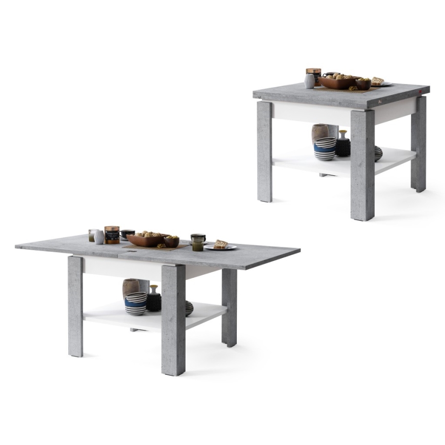 Uitschuifbare salontafel/eettafel met opbergrek LIA grijs beton/wit