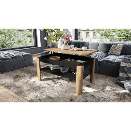 Uitschuifbare salontafel met opklapbaar blad en plank ADEN eiken craft/zwart
