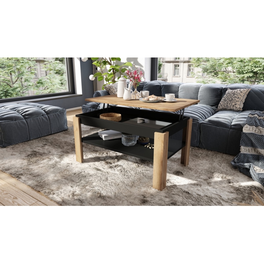 Uitschuifbare salontafel met opklapbaar blad en plank ADEN eiken craft/zwart