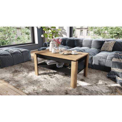 Uitschuifbare salontafel met opklapbaar blad en plank ADEN eiken craft/zwart