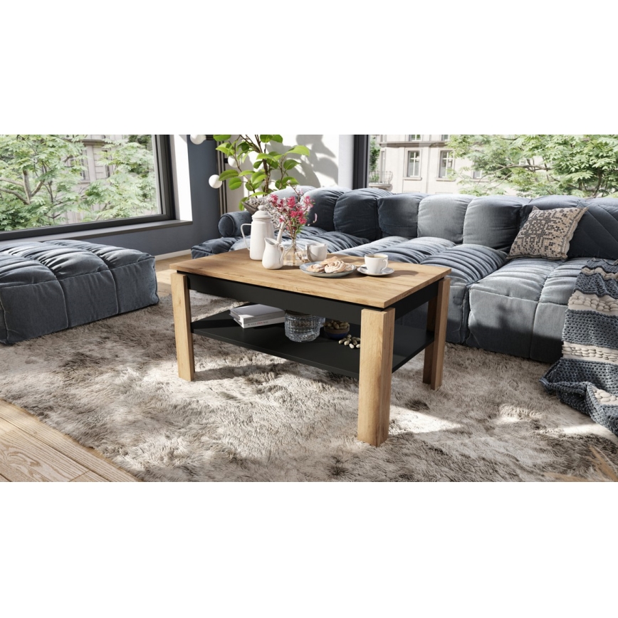 Uitschuifbare salontafel met opklapbaar blad en plank ADEN eiken craft/zwart
