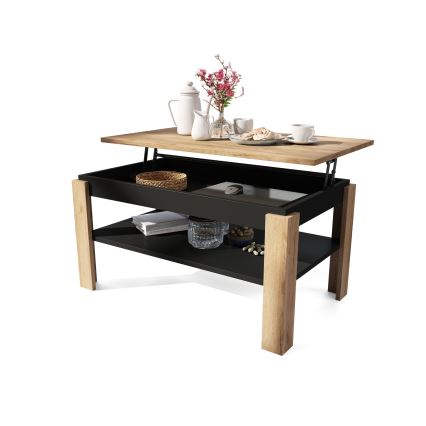 Uitschuifbare salontafel met opklapbaar blad en plank ADEN eiken craft/zwart