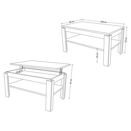 Uitschuifbare salontafel met opklapbaar blad en plank ADEN eiken craft/zwart