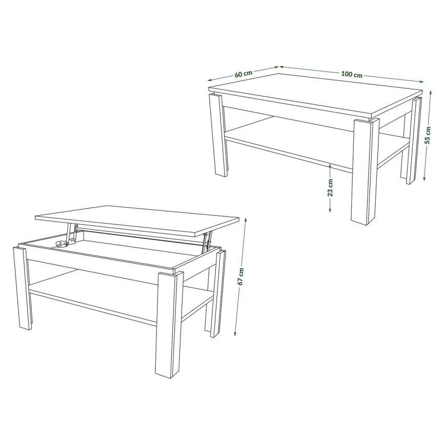 Uitschuifbare salontafel met opklapbaar blad en plank ADEN eiken craft/zwart