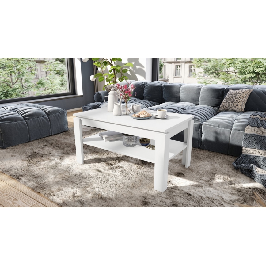Uitschuifbare salontafel met opklapbaar blad en plank ADEN wit
