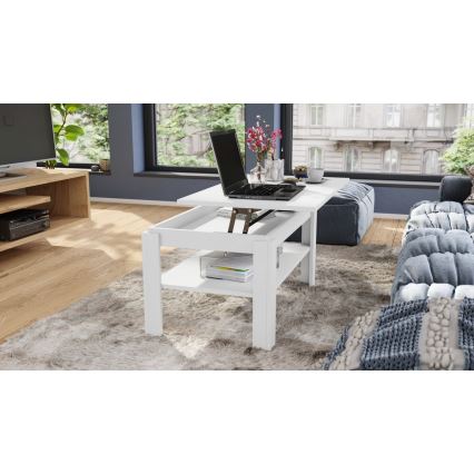 Uitschuifbare salontafel met opklapbaar blad en plank ADEN wit