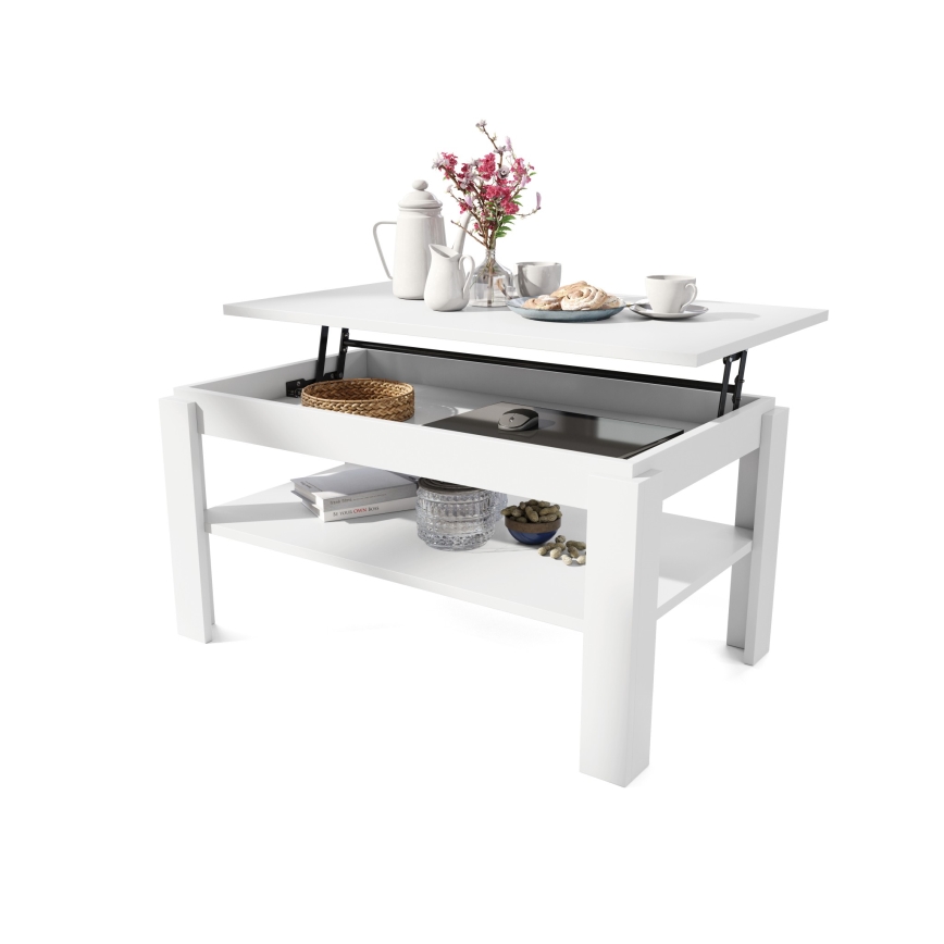 Uitschuifbare salontafel met opklapbaar blad en plank ADEN wit