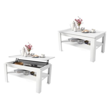 Uitschuifbare salontafel met opklapbaar blad en plank ADEN wit