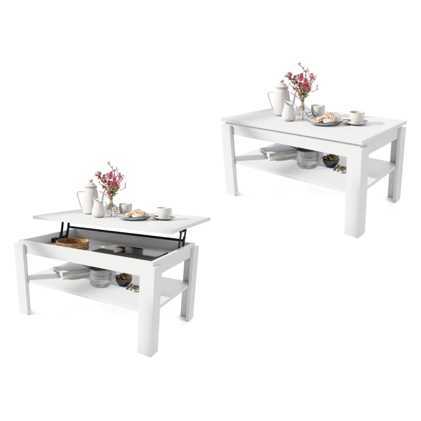 Uitschuifbare salontafel met opklapbaar blad en plank ADEN wit