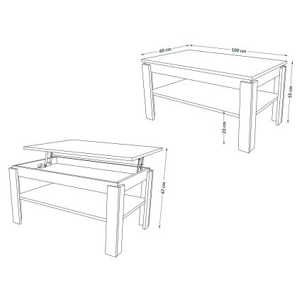 Uitschuifbare salontafel met opklapbaar blad en plank ADEN wit