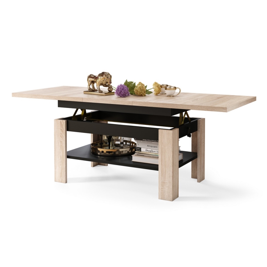 Uitschuifbare salontafel/eettafel met hefbaar tafelblad ROY sonoma eiken/zwart
