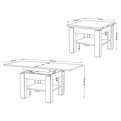 Uitschuifbare salontafel/eettafel met hefblad CALEB betongrijs/wit
