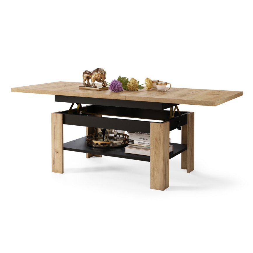 Uitschuifbare salontafel/eettafel met hefblad ROY eiken craft/zwart