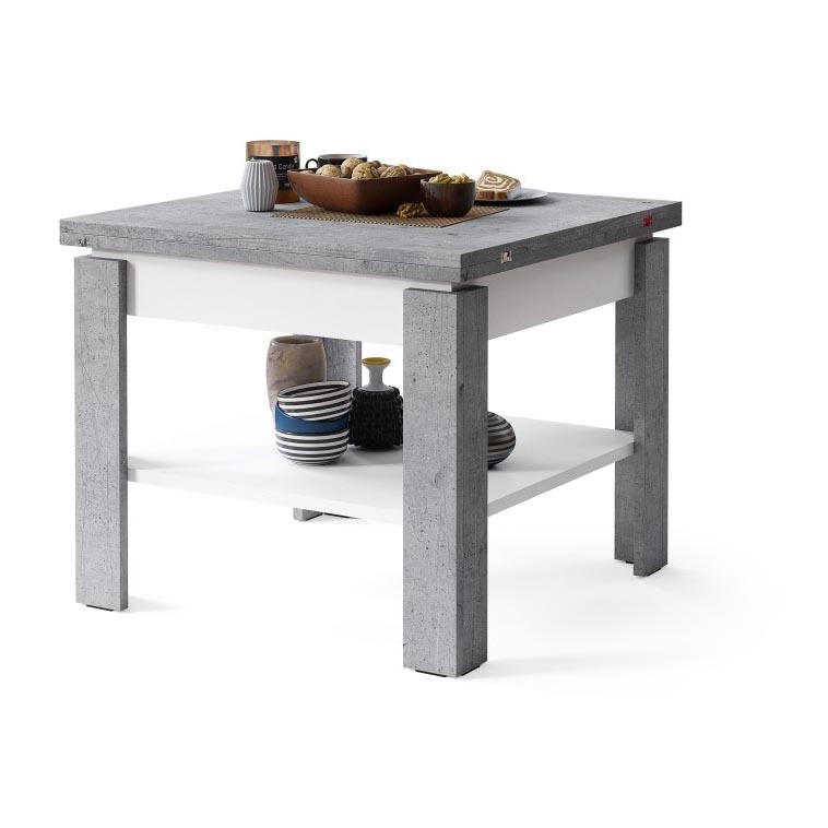 Uitschuifbare salontafel/eettafel met opbergrek LIA grijs beton/wit