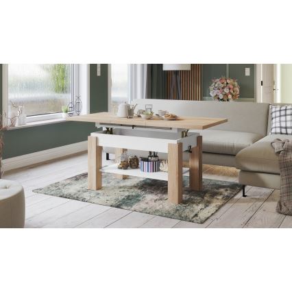 Uitschuifbare salontafel en eettafel ADONIS met opbergplank, Sonoma eik/wit
