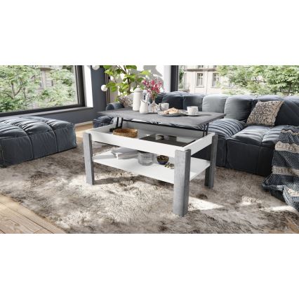 Uitschuifbare salontafel met opklapbaar blad en plank ADEN grijs beton/wit