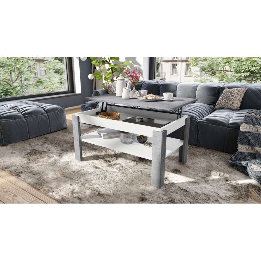 Uitschuifbare salontafel met opklapbaar blad en plank ADEN grijs beton/wit