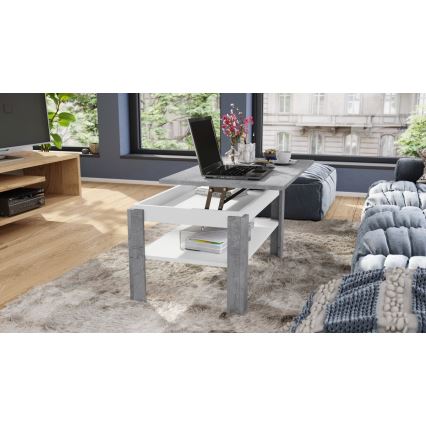 Uitschuifbare salontafel met opklapbaar blad en plank ADEN grijs beton/wit