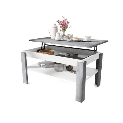 Uitschuifbare salontafel met opklapbaar blad en plank ADEN grijs beton/wit
