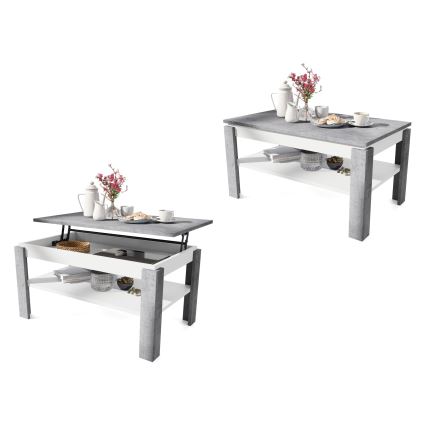 Uitschuifbare salontafel met opklapbaar blad en plank ADEN grijs beton/wit