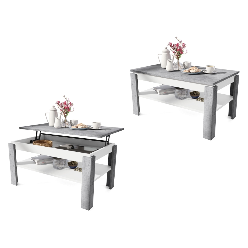 Uitschuifbare salontafel met opklapbaar blad en plank ADEN grijs beton/wit
