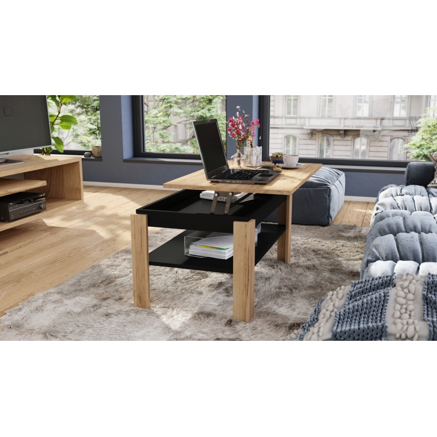 Uitschuifbare salontafel met liftblad en plank ADEN craft eiken/zwart
