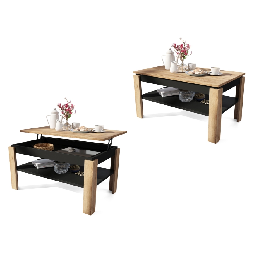 Uitschuifbare salontafel met liftblad en plank ADEN craft eiken/zwart