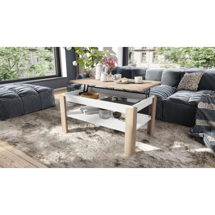 Uitschuifbare salontafel met liftblad en plank ADEN sonoma eik/wit