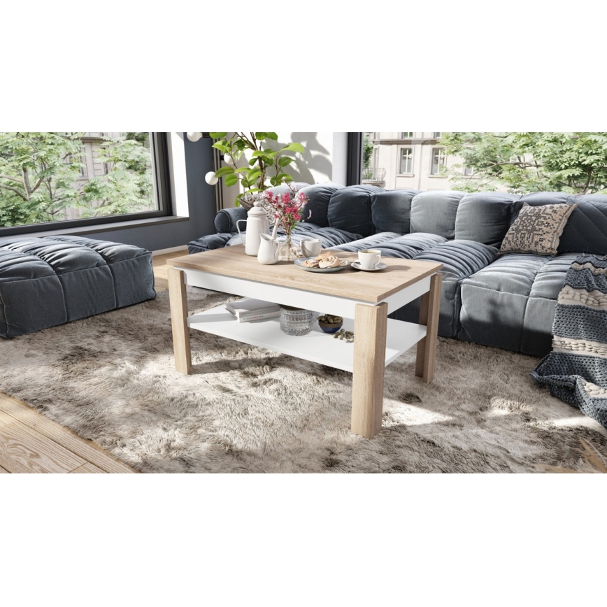Uitschuifbare salontafel met liftblad en plank ADEN sonoma eik/wit