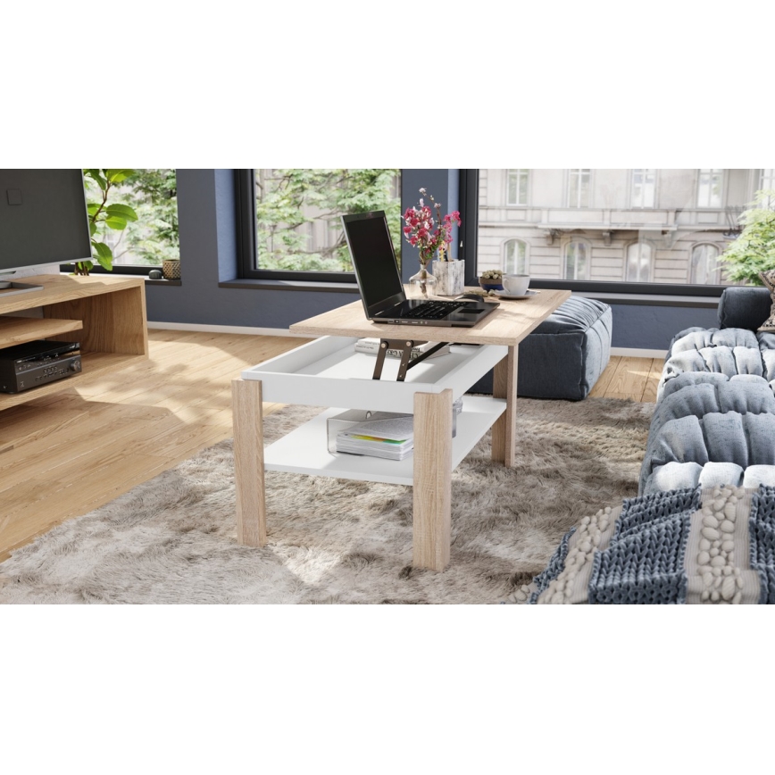 Uitschuifbare salontafel met liftblad en plank ADEN sonoma eik/wit