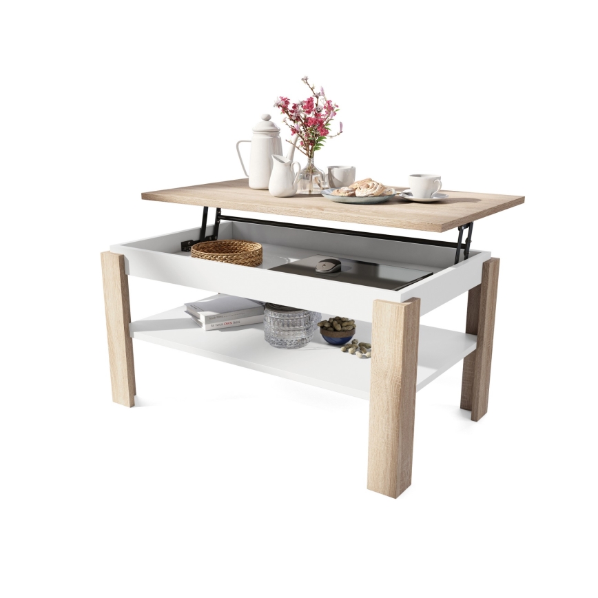 Uitschuifbare salontafel met liftblad en plank ADEN sonoma eik/wit