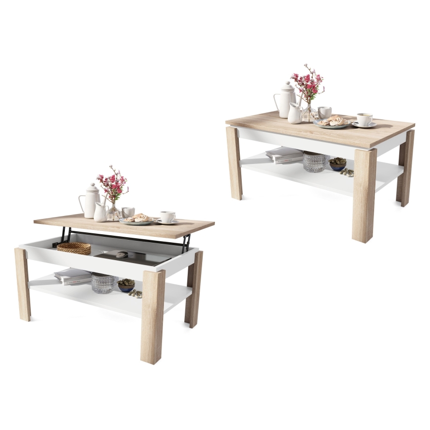 Uitschuifbare salontafel met liftblad en plank ADEN sonoma eik/wit
