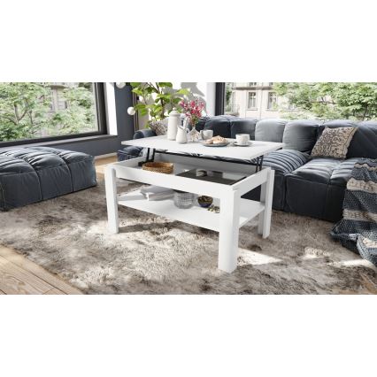 Uitschuifbare salontafel met liftend tafelblad en plank ADEN wit