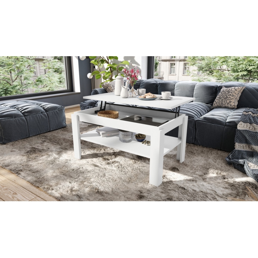 Uitschuifbare salontafel met liftend tafelblad en plank ADEN wit