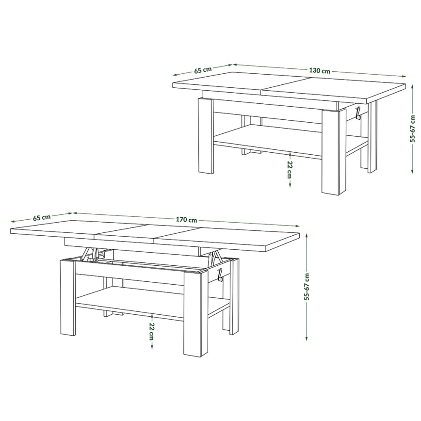 Uitschuifbare salontafel met liftfunctie ROY 130/170x65 cm craft eiken/zwart