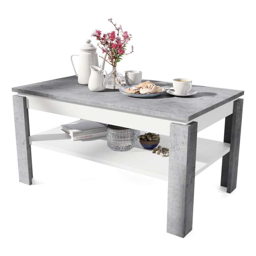 Uitschuifbare salontafel met opklapbaar blad en plank ADEN grijs beton/wit