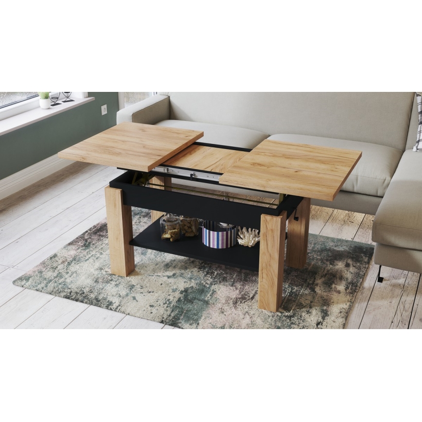 Uitschuifbare salontafel met plank ADONIS 110/150x68 cm craft eiken/zwart