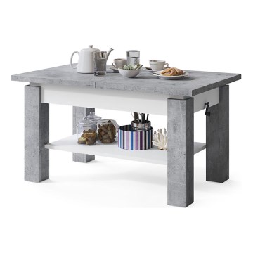 Uitschuifbare salontafel met plank ADONIS 110/150x68 cm grijs beton/wit