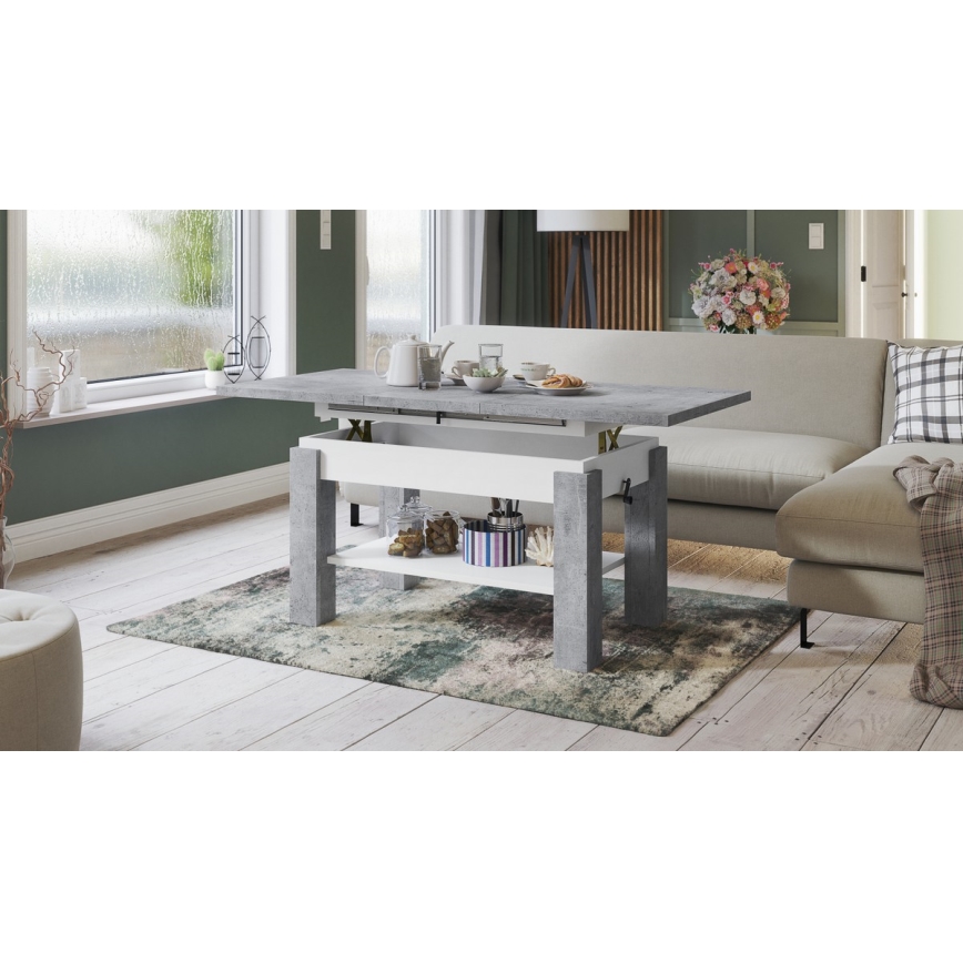 Uitschuifbare salontafel met plank ADONIS 110/150x68 cm grijs beton/wit