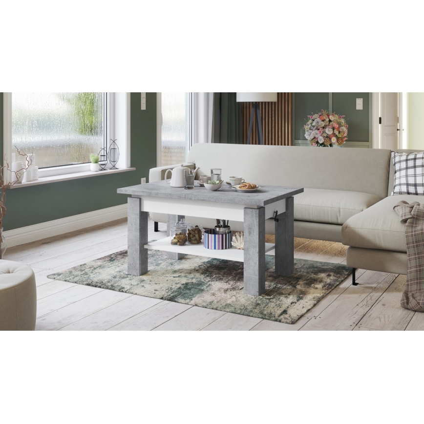 Uitschuifbare salontafel met plank ADONIS 110/150x68 cm grijs beton/wit