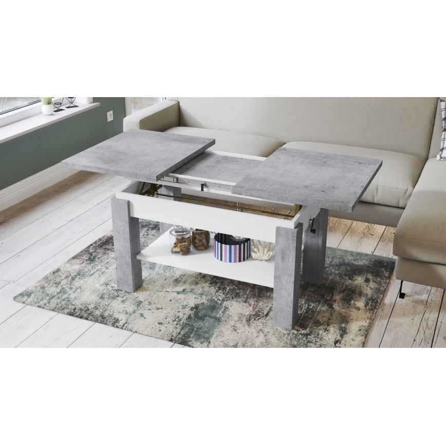 Uitschuifbare salontafel met plank ADONIS 110/150x68 cm grijs beton/wit