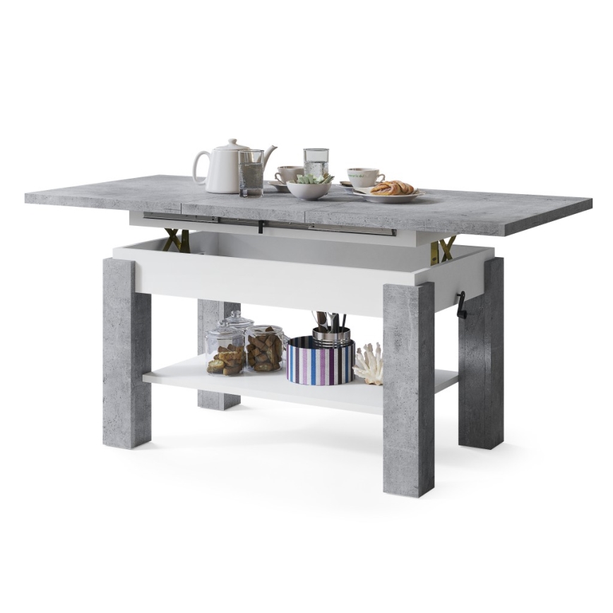 Uitschuifbare salontafel met plank ADONIS 110/150x68 cm grijs beton/wit