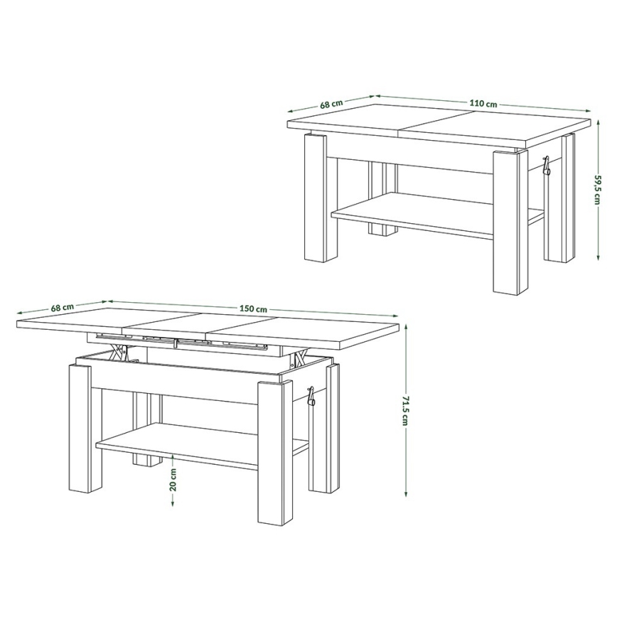 Uitschuifbare salontafel met plank ADONIS 110/150x68 cm grijs beton/wit