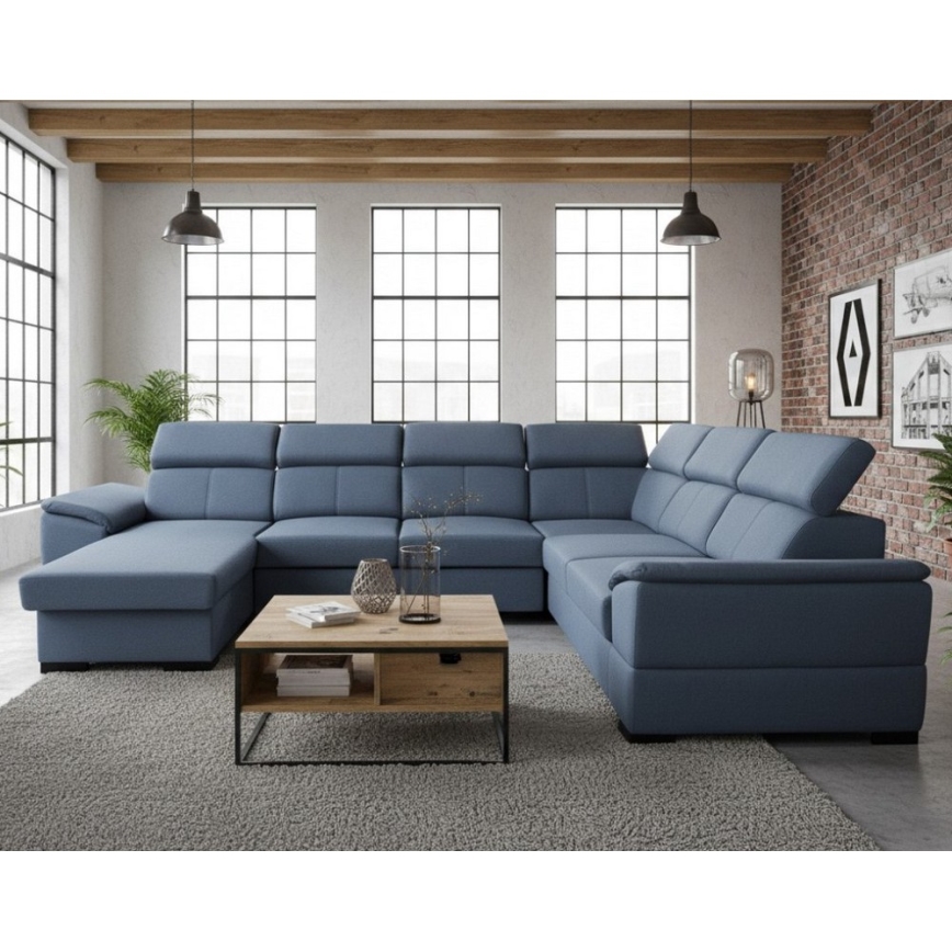 Uitschuifbare U‑vormige hoekbank met omkeerbare hoekopstelling en opbergruimte GRANADA blauw