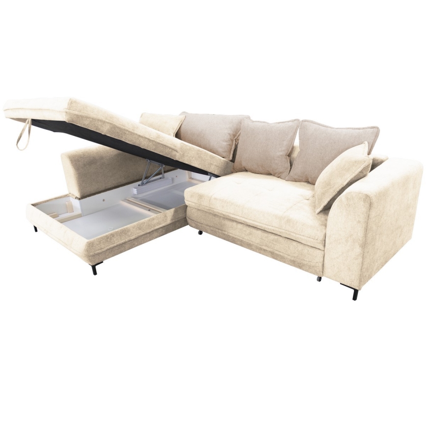 Uitklapbare hoekbank met opbergruimte in L-vorm LAGOA links beige/bruin