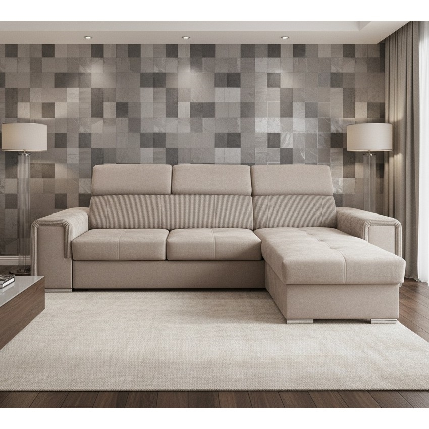 Universele L-vormige hoekbank met slaapfunctie en opbergruimte SALVADA beige